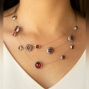 Elegant Red and Silver Necklace And Earring Set
